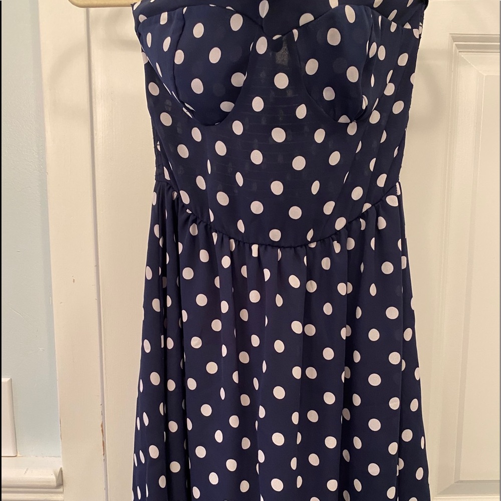 Strapless Navy with White polka dot dress SZ S EUC